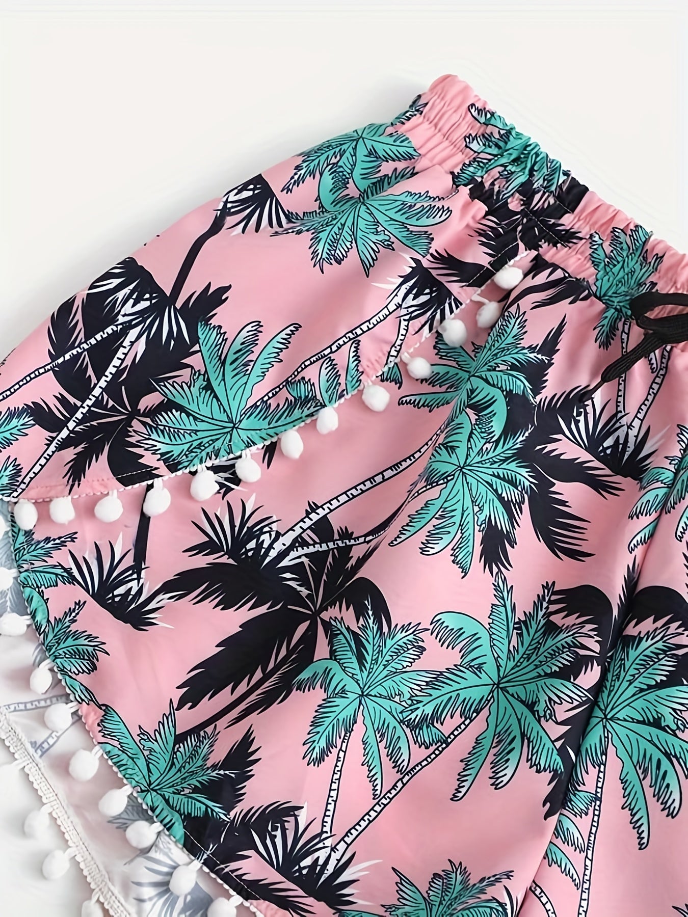 Tropical Print Mini Bow Pompom Trim Shorts