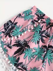 Tropical Print Mini Bow Pompom Trim Shorts