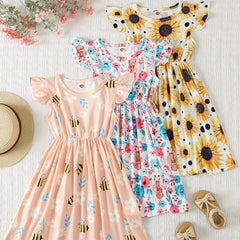 3pcs Girls' Summer Dresses Bee Flower Pattern Princess Dress