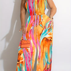 Tie Dye Print Off Shoulder Wide Leg Jumpsuit Women's Plus