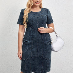 Denim Dress Women's Short Sleeve Round Neck Slim Fit Knee Length Dress