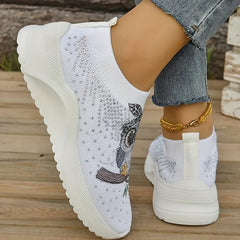 Women's Owl Cartoon Print Rhinestone Tennis Shoes Lightweight Non slip