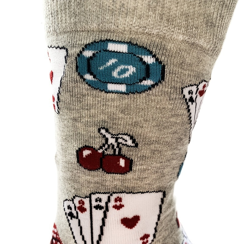 Men's Mid calf Cotton Socks Poker Pattern Gray Sports And Leisure Socks