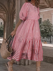Plaid Print Puff Sleeve Tiered Dress Casual Dress For Spring & Summer