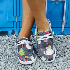 Women's Christmas Tree & Cat Pattern Flat Canvas Shoes