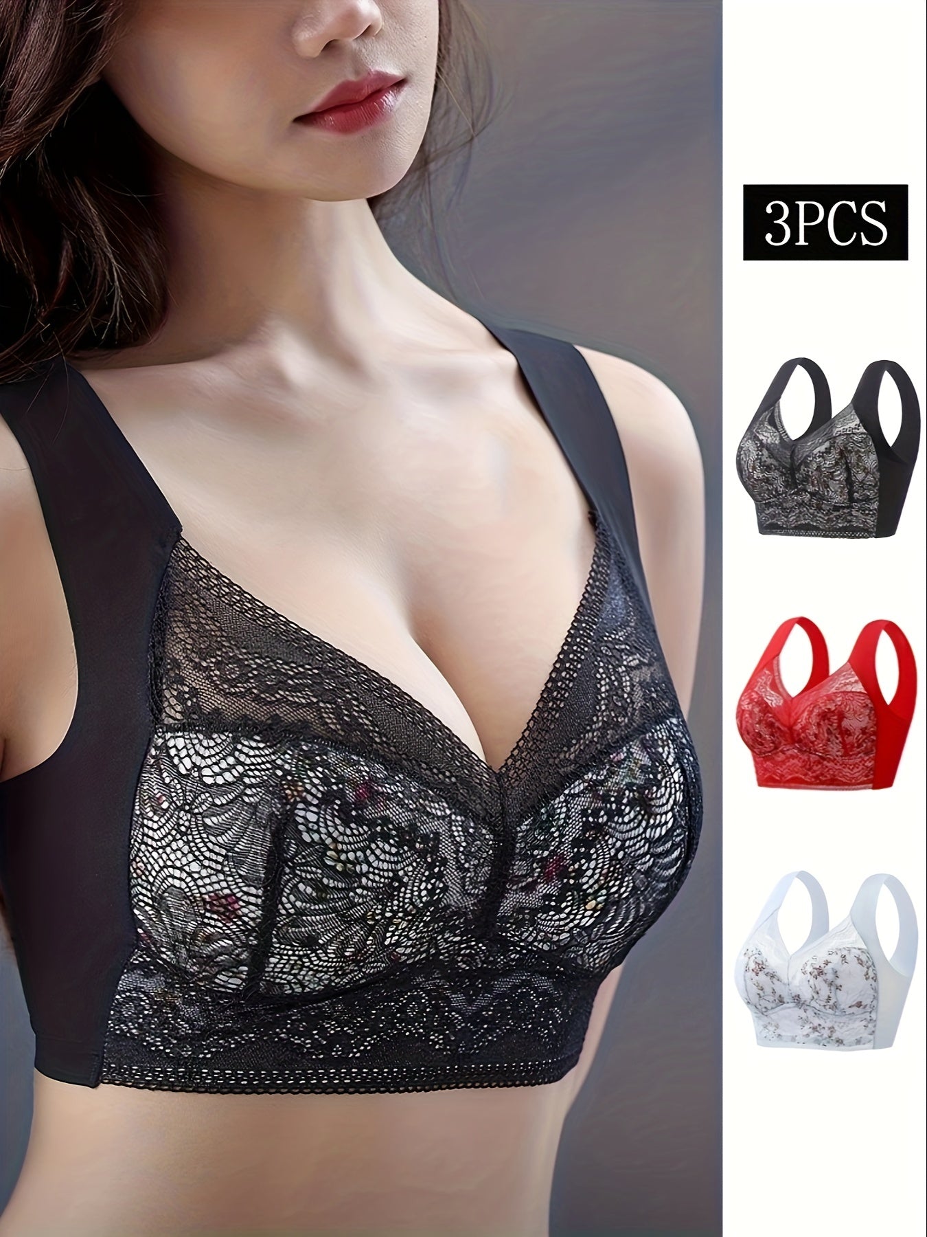 3pcs Lace Wireless Bras Comfy Push Up Seamless Bra Women's Lingerie