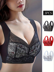 3pcs Lace Wireless Bras Comfy Push Up Seamless Bra Women's Lingerie