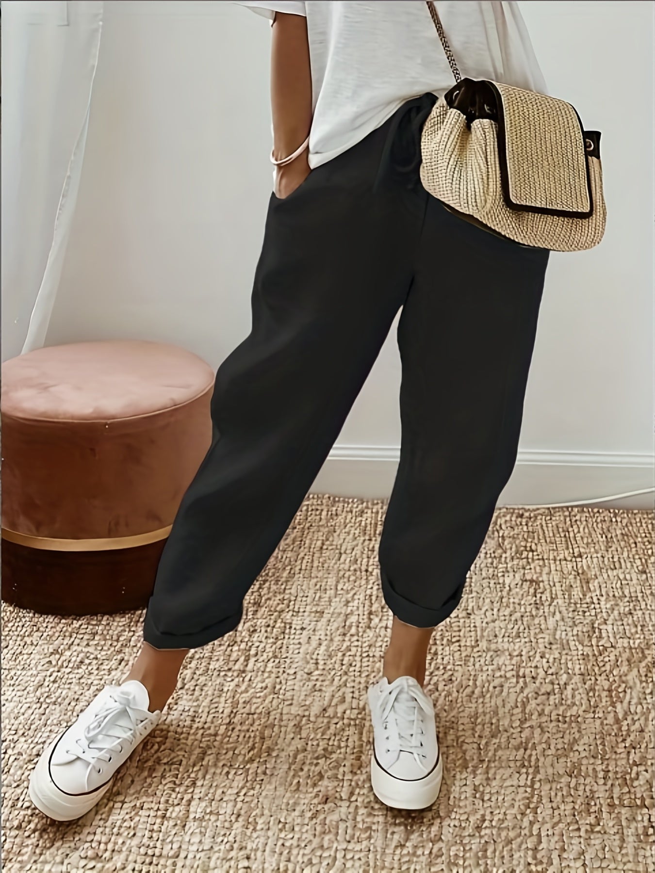 Drawstring Dual Pockets Wide Leg Pants Casual Wear