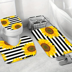 Sunflower Shower Curtain Set with 12 Hooks & Non-Slip Bathroom Rug