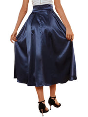 Solid Satin Midi Skirt High Waist Pleated Swing Style