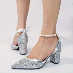 Pearl Ankle Strap Pumps Chunky Heels Glitter Summer Shoes