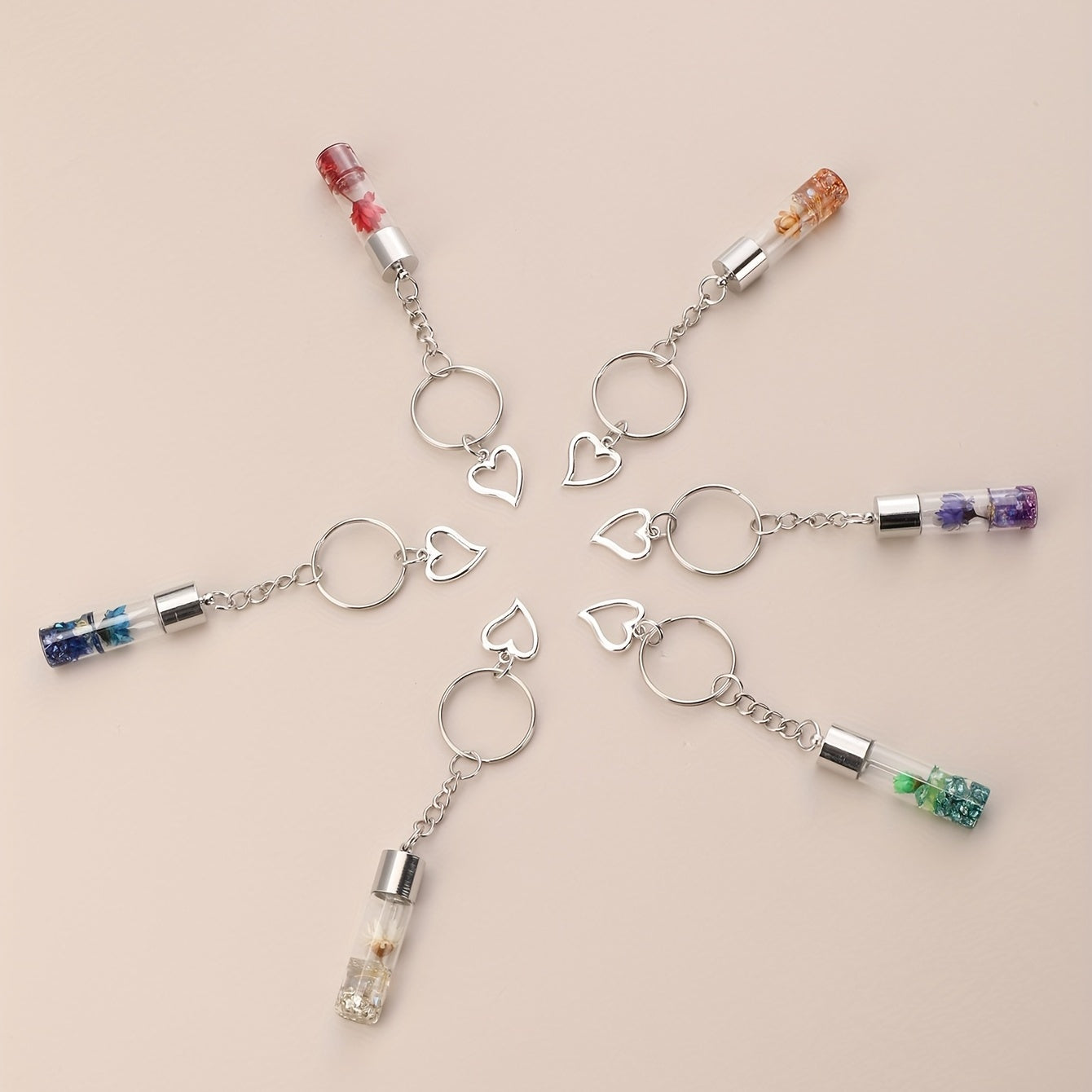 6pcs Flower In Bottle Keychain Heart Key Ring Purse Bag Backpack Car Charm