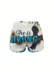 Letter & Sunflower Print Skinny Shorts for Women