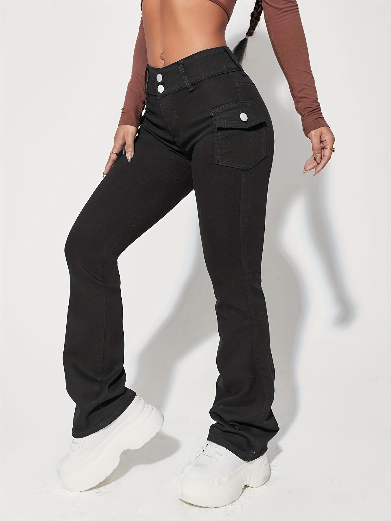 High Waist Flap Pockets Flared Legs Denim Pants