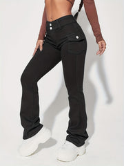 High Waist Flap Pockets Flared Legs Denim Pants