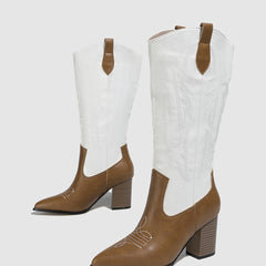 Embroidered Western Boots Point Toe Mid Calf Heel Shoes