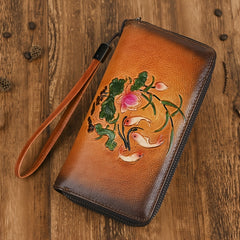 Vintage Floral Print Cowhide Wallet with Wrist Strap
