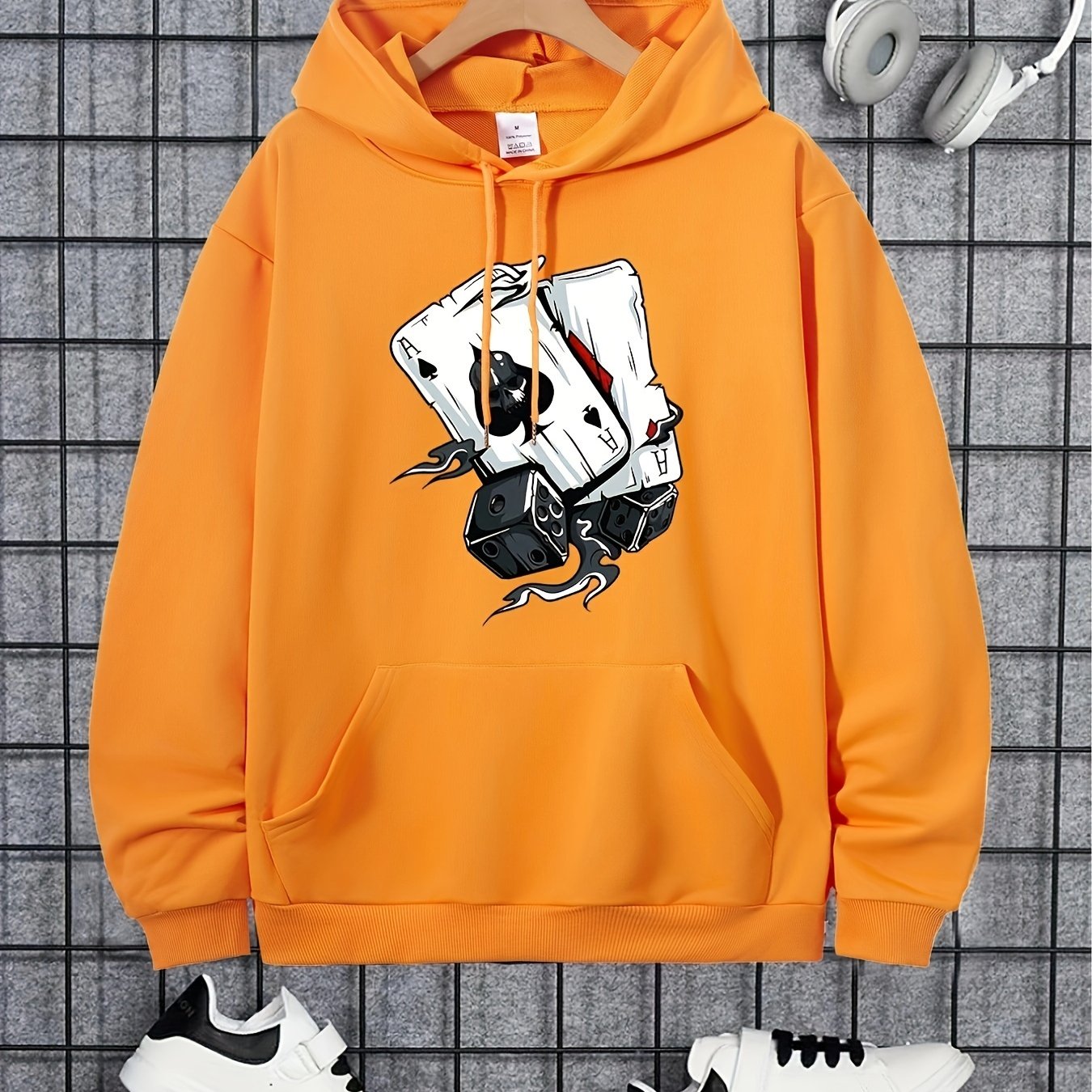 Poker Print Hoodie Men Kangaroo Pocket Loose Pullover Mens Clothing