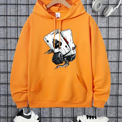 Poker Print Hoodie Men Kangaroo Pocket Loose Pullover Mens Clothing