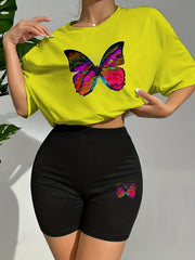 Butterfly Print Lounge Set Short Sleeve Crew Neck Top & Elastic Waistband Shorts