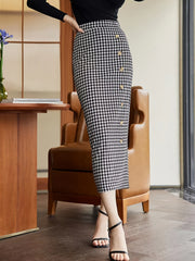 Houndstooth Button One Step Skirt Skinny Maxi Back Split