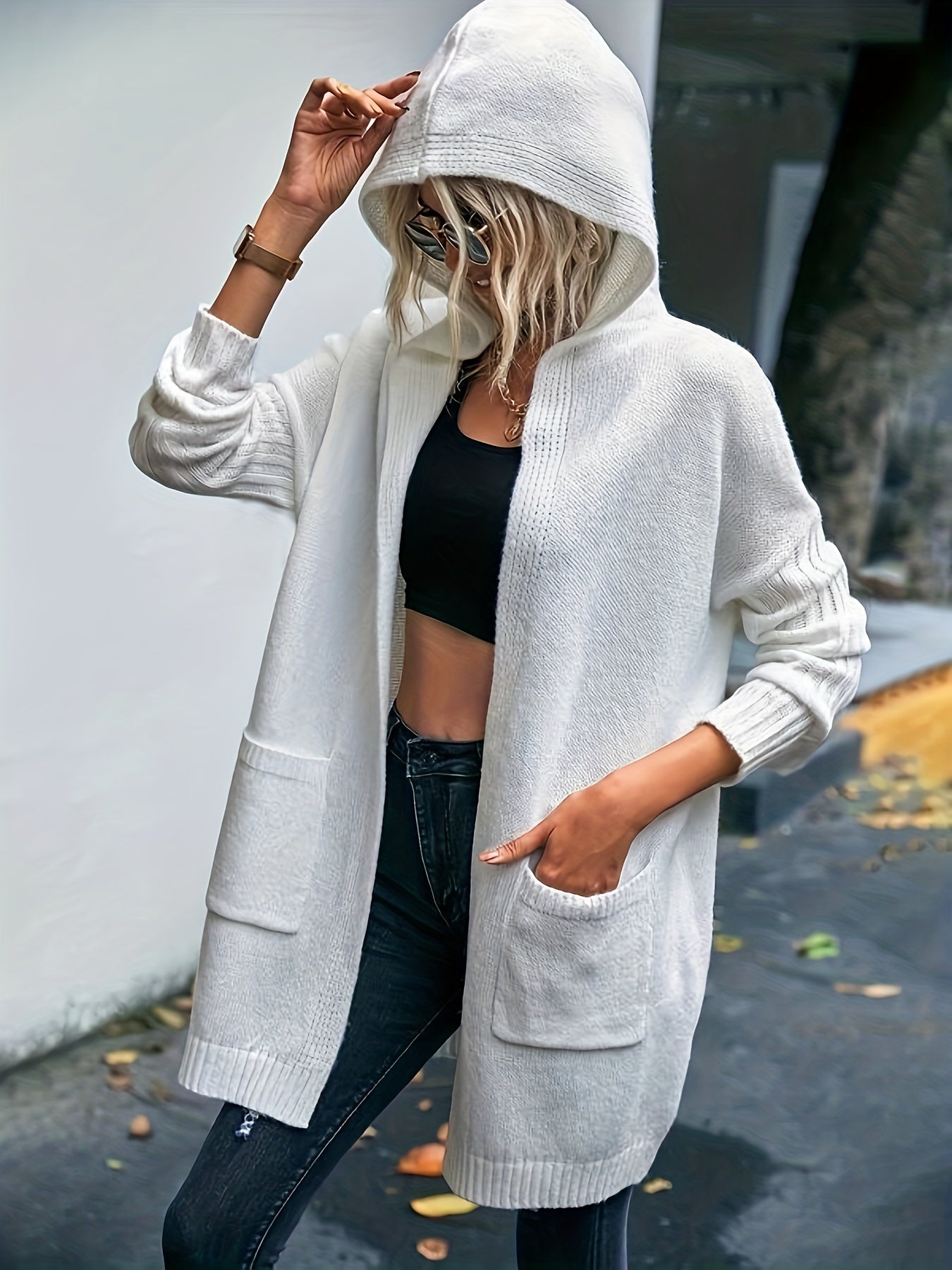 Letter & Heart Print Long Sleeve Hooded Cardigan With Pockets