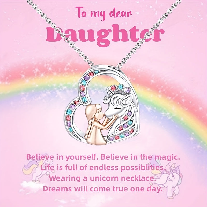Girl & Unicorn Heart Pendant Necklace Holiday Gift
