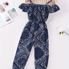 Girls Cold Shoulder Ruffles Ethnic Abstract Pattern Romper Jumpsuits Overalls