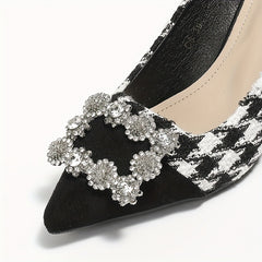 Women's Houndstooth High Heels Pointed Toe Rhinestone Stiletto Heels