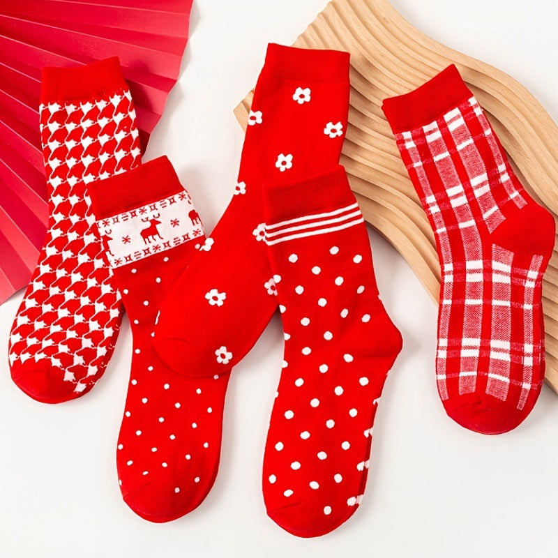 5 Pairs Christmas Pattern Socks Breathable Mid Tube Stockings