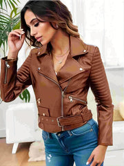Solid Leather Biker Jacket Long Sleeve Zipper Outerwear