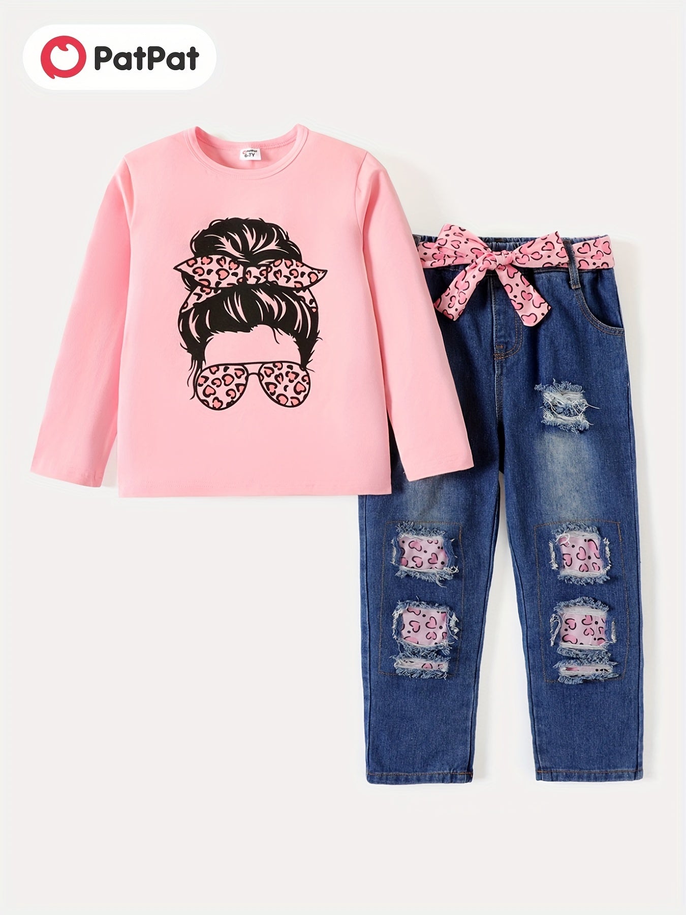 3pc Kid Girl Figure Print Long Sleeve Tee & Belted Ripped Denim Jeans Set