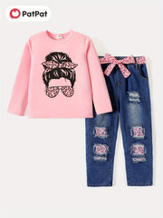 3pc Kid Girl Figure Print Long Sleeve Tee & Belted Ripped Denim Jeans Set