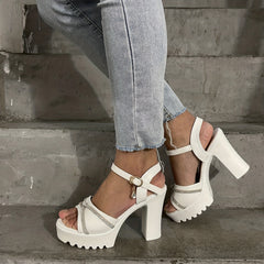 Rhinestone Block Heel Platform Pumps Slingback Buckle Strap