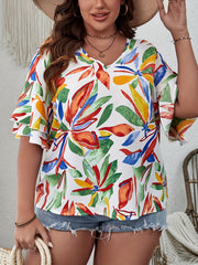 Vacay Blouse Women's Plus Leaf Print V Neck Beachwear Blouse