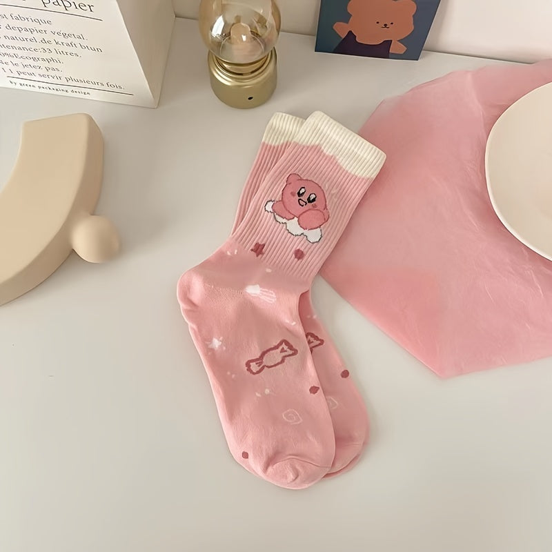5 Pairs Soft Pink & Cartoon Crew Socks Pack Women's Stockings