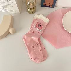 5 Pairs Soft Pink & Cartoon Crew Socks Pack Women's Stockings