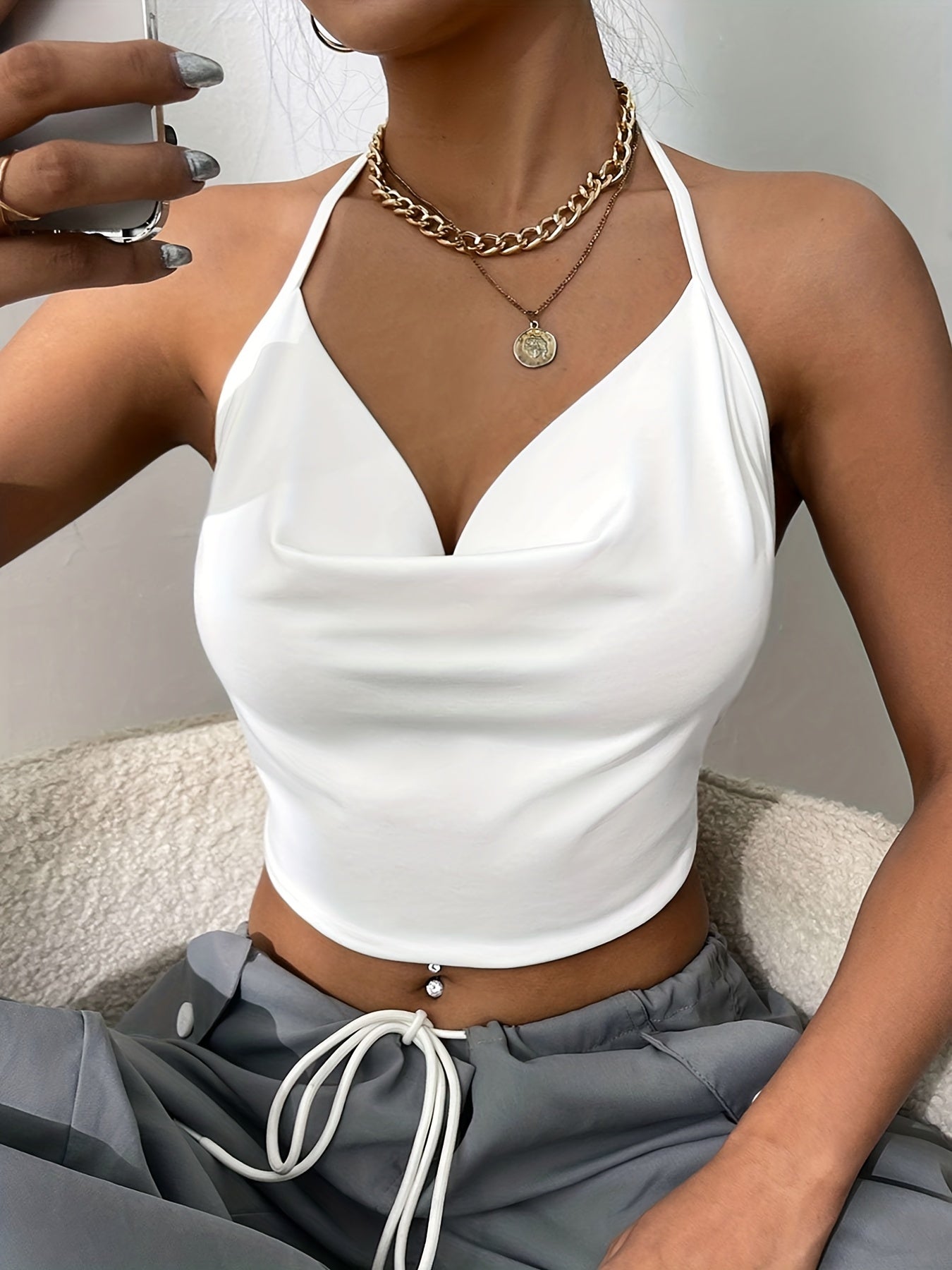 Y2K Cowl Neck Crop Halter Top Backless Sexy Summer Clothing