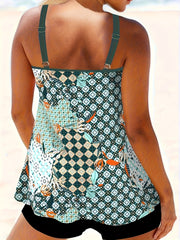 Retro Tankini Set Women's Geo Pattern Cami Top & Shorts Swimsuit