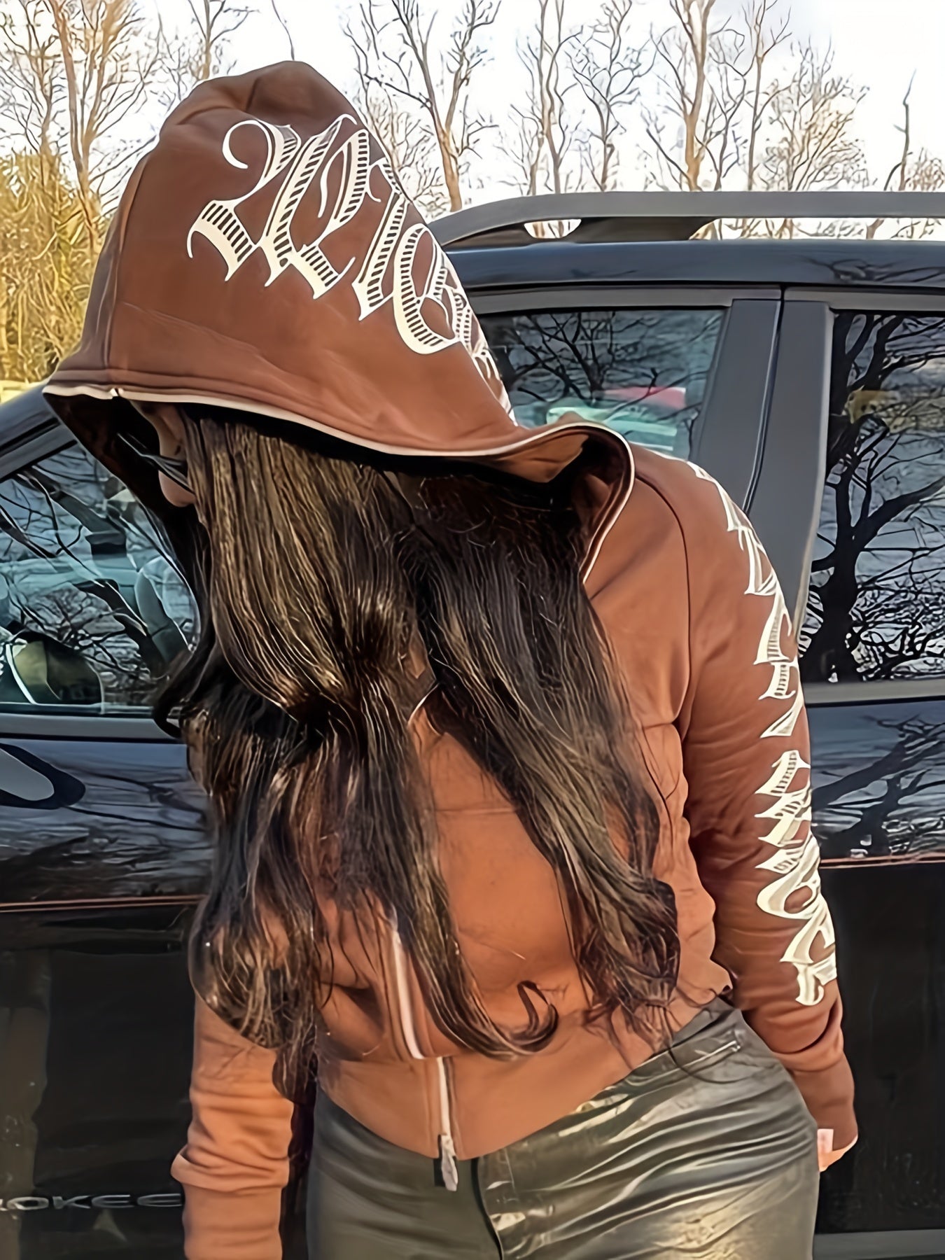 Y2k Sports Top Women's Plus Art Letter Print Zip Up Hooded Sweater