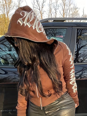 Y2k Sports Top Women's Plus Art Letter Print Zip Up Hooded Sweater