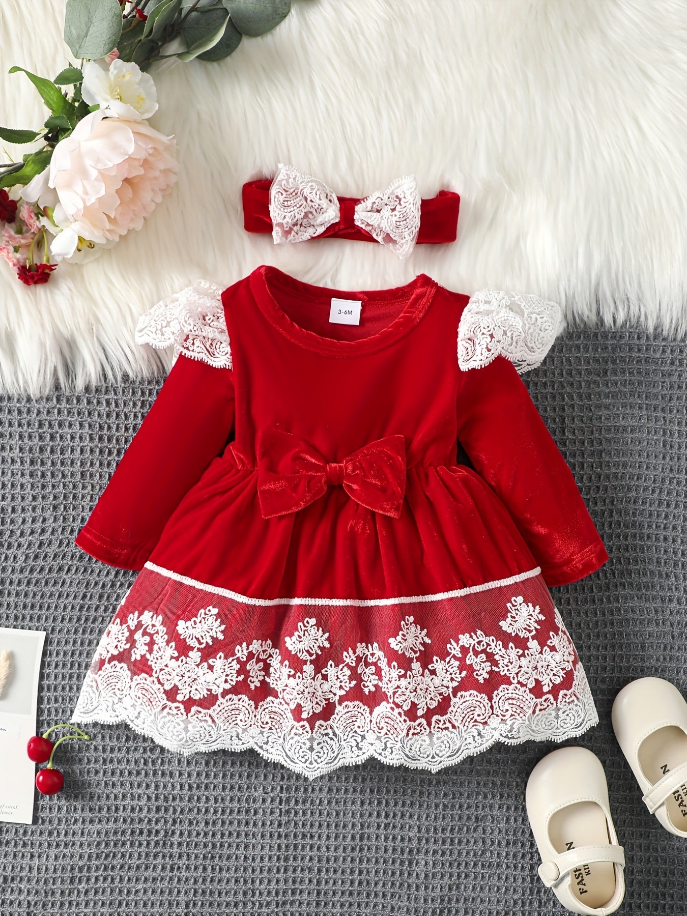 Bow Long Sleeve Tutu Dress With Lace Floral Trim & Headscarf