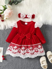 Bow Long Sleeve Tutu Dress With Lace Floral Trim & Headscarf