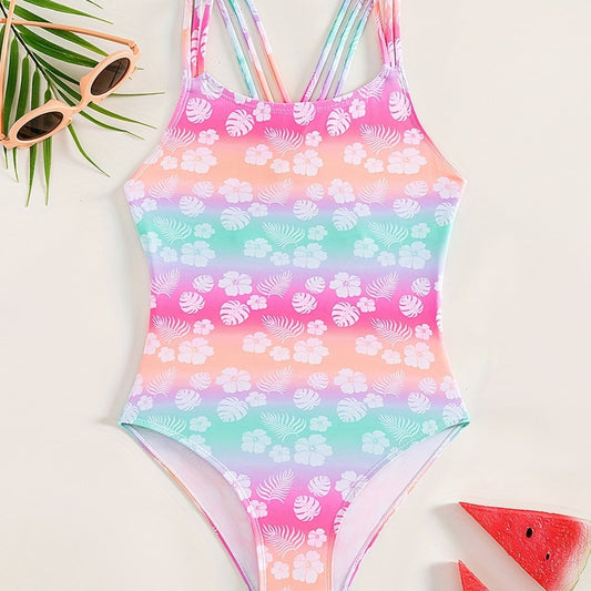 Girl's Floral Print Tankini Onesie Swimsuit for Summer Beach Vacation