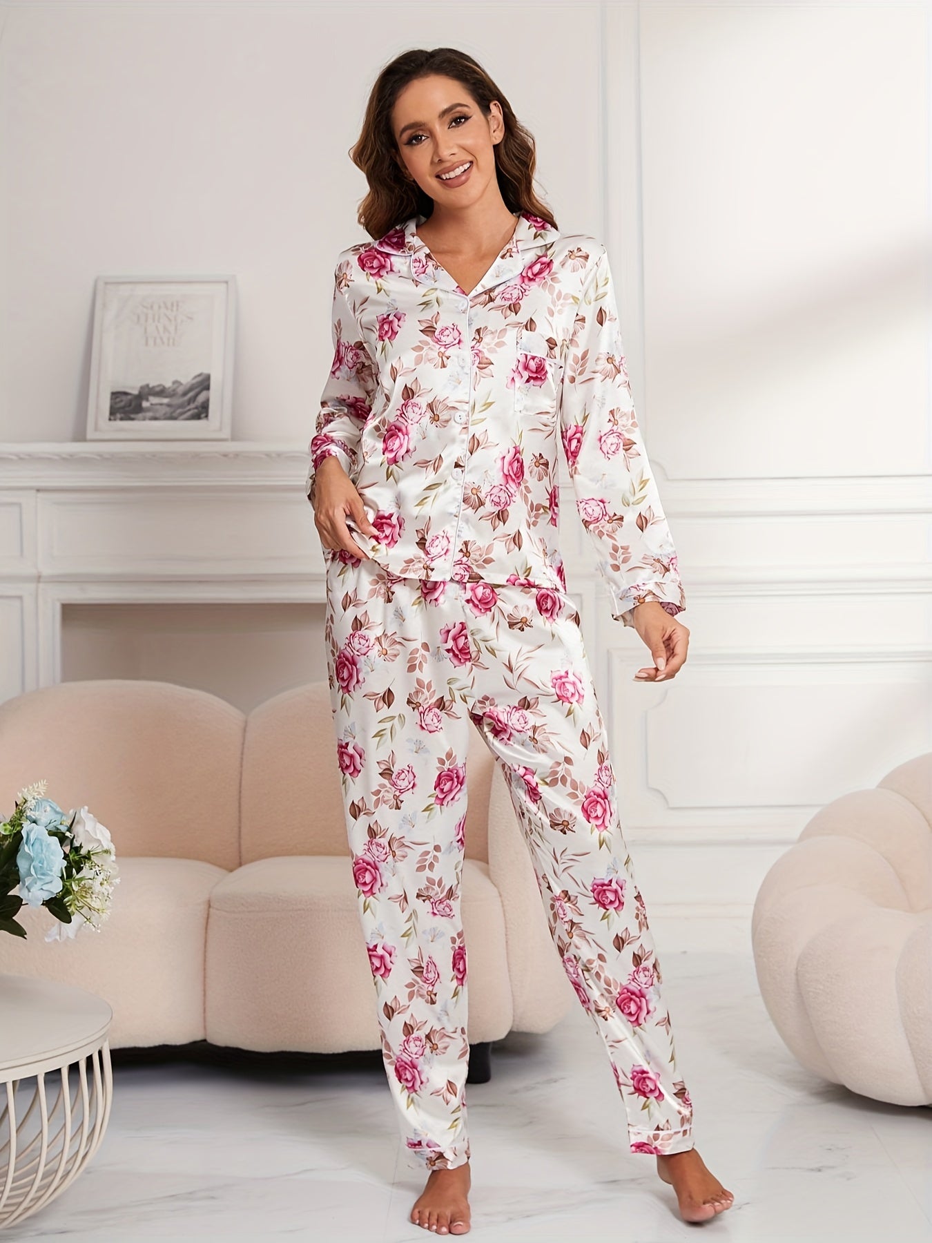 Floral Print Pajama Set Long Sleeve Top & Pants