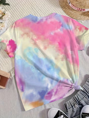 Tie Dye Heart Graphic Short Sleeve T-Shirt for Girls Summer Sports