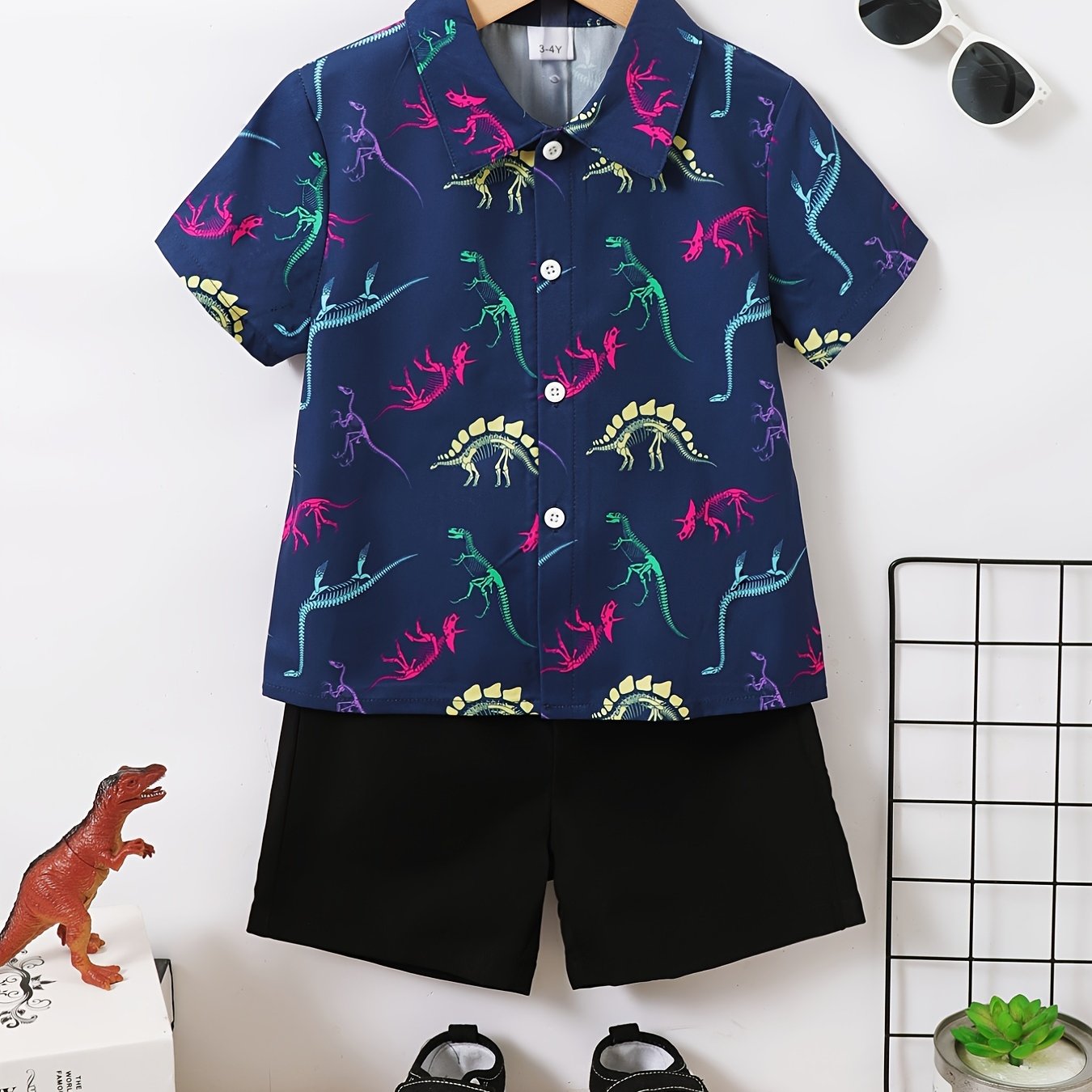 Boys Dinosaur Print Short Sleeve Shirt & Shorts Set for Summer
