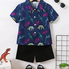 Boys Dinosaur Print Short Sleeve Shirt & Shorts Set for Summer