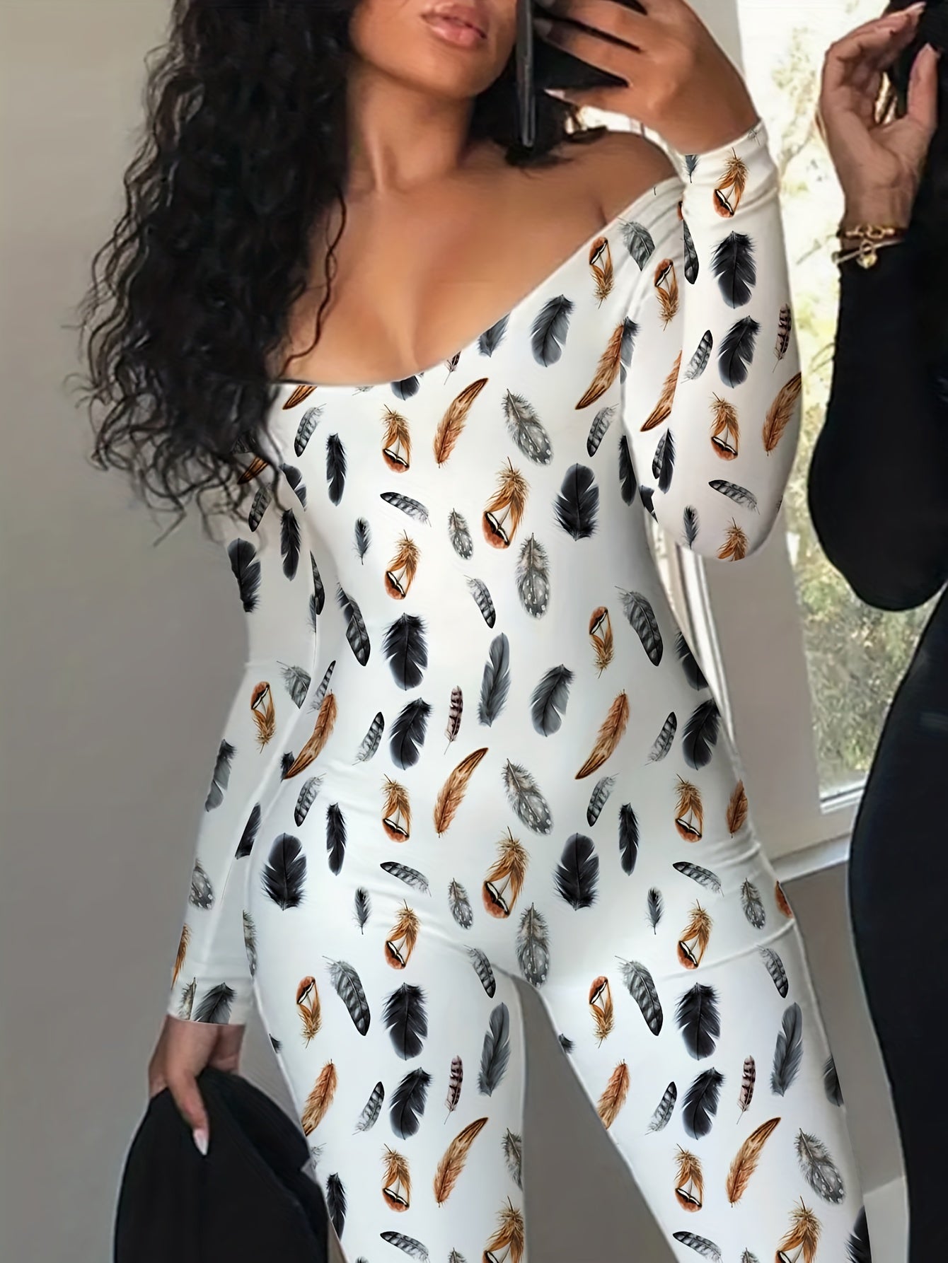 Feather Print Slim Jumpsuit Long Sleeve Sexy Style