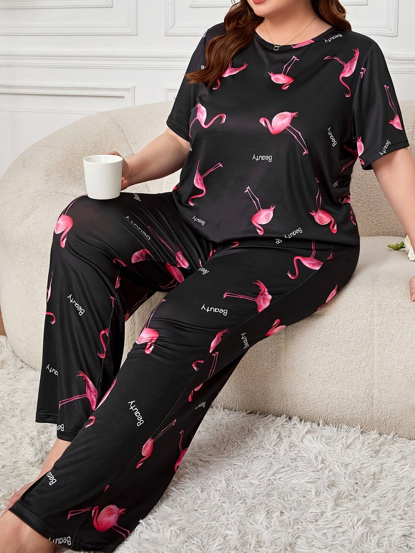 Flamingo & Letter Print Tee & Pants Lounge Set